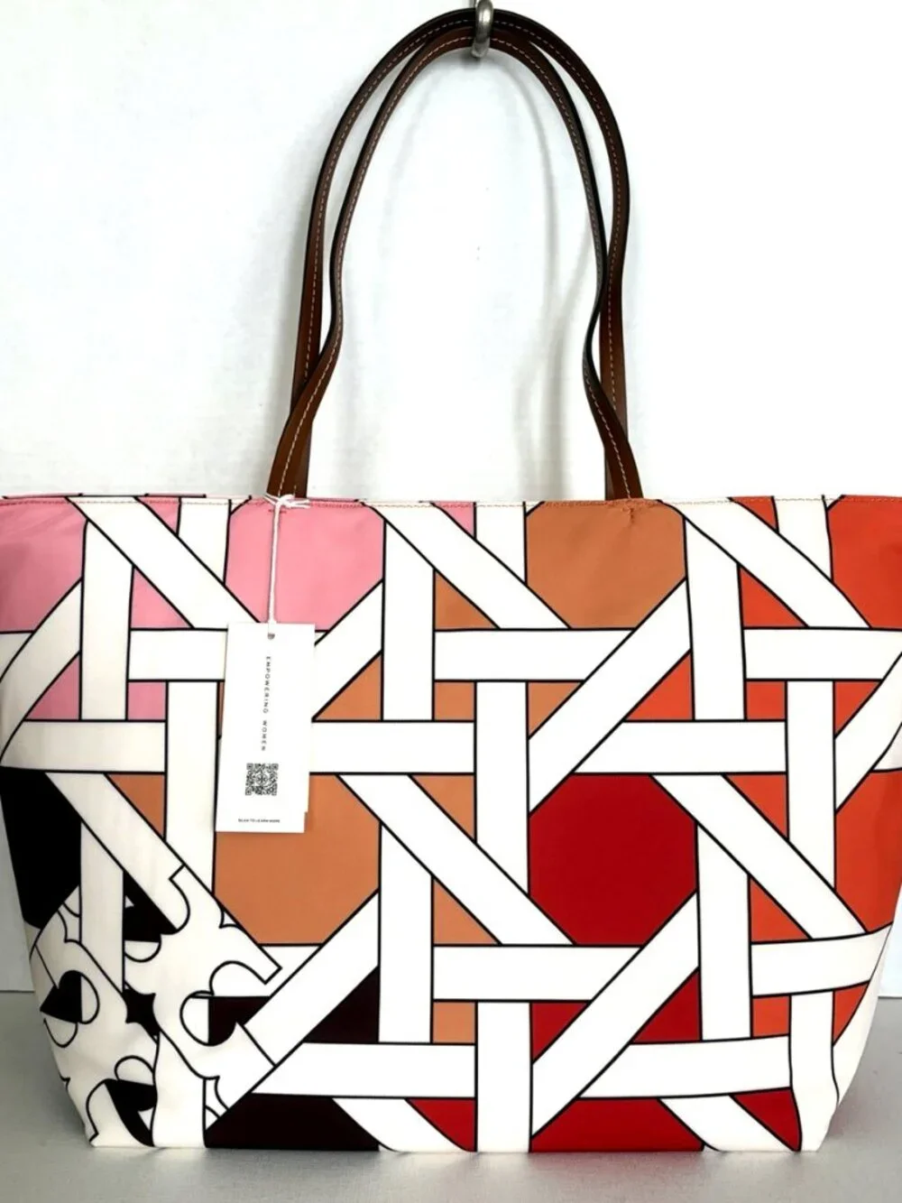 New Tory Burch Nylon Printed Tote Colorblock Pink-Red Basketweave
